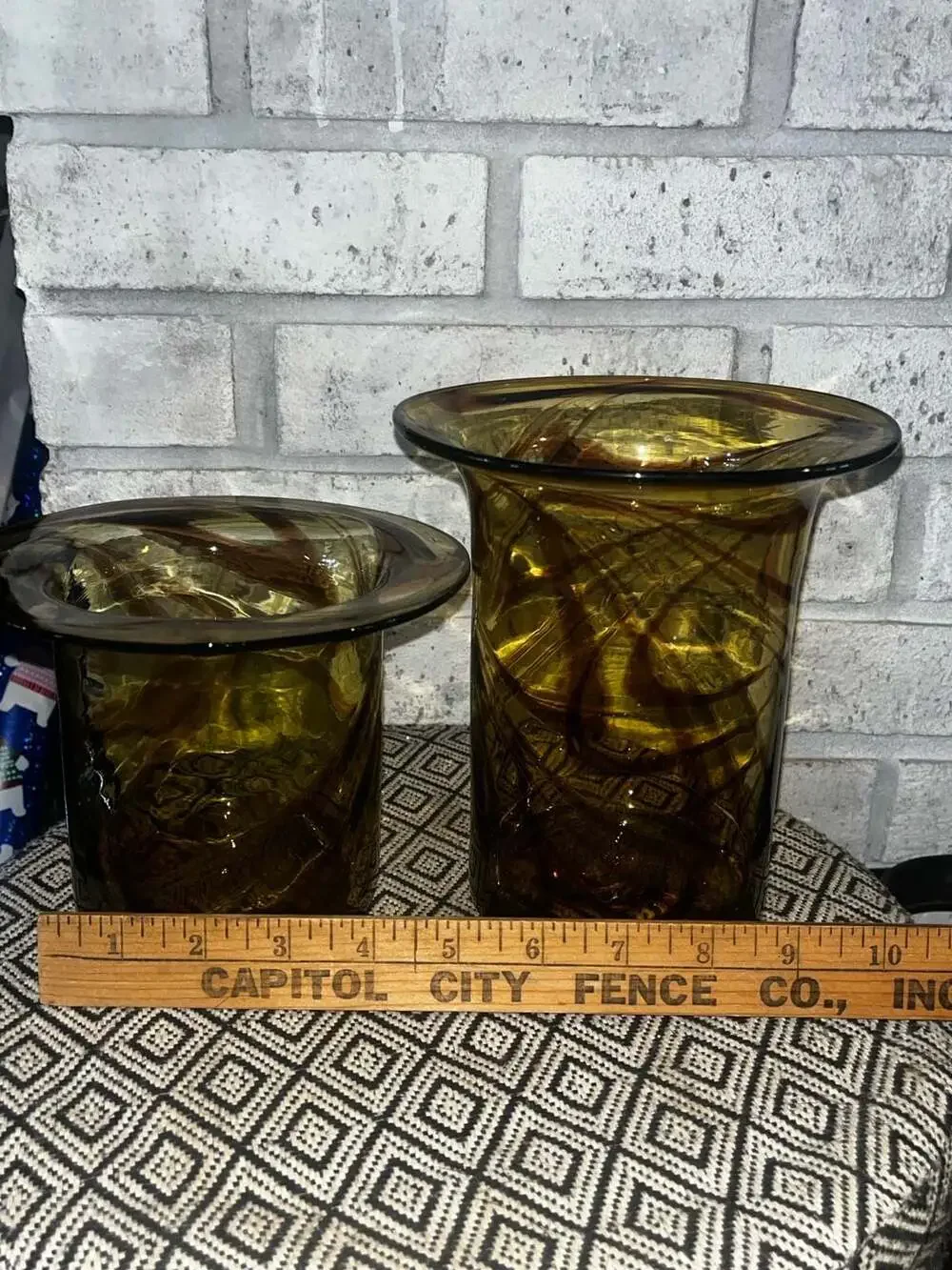 Vintage Hand Blown Art Glass Amber and Brown Swirl Tube Vase Set
